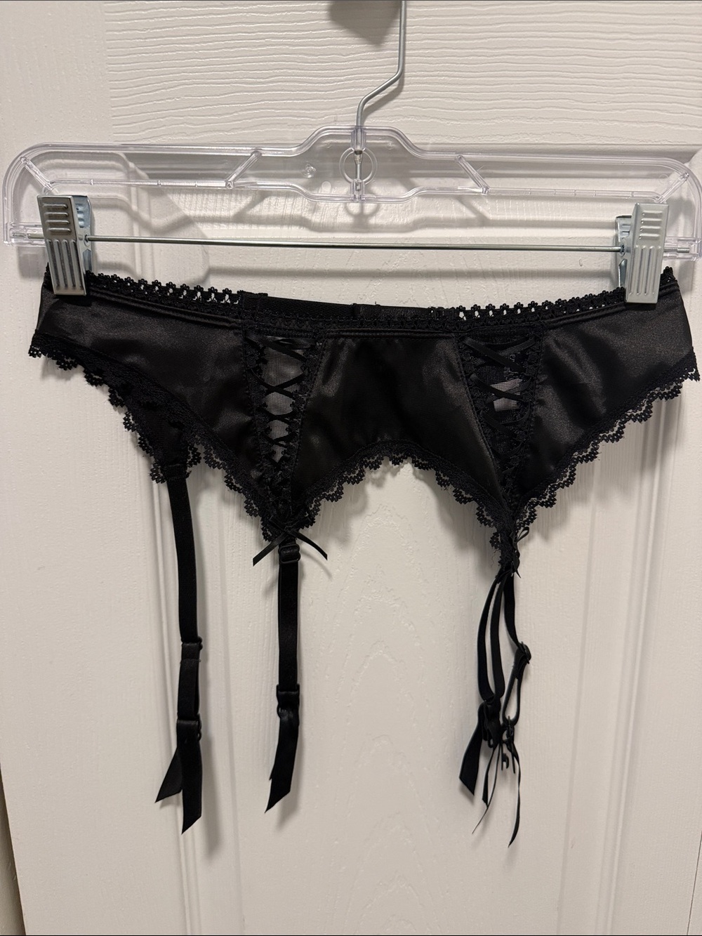 Frederick's of Hollywood Black Satin Lace-Up Garter Belt